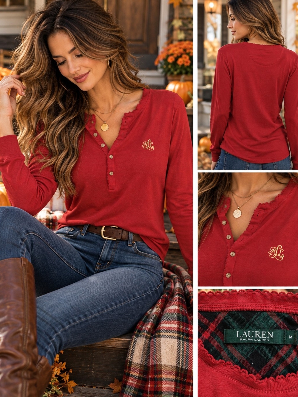 Lauren Ralph Lauren Red Long-Sleeve Henley Top with Logo